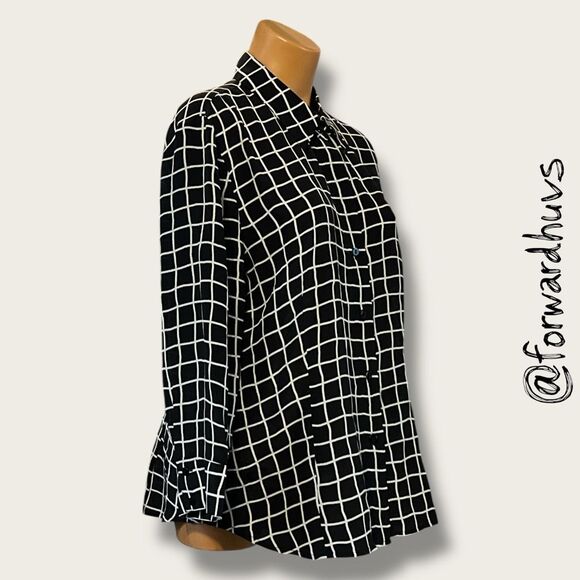 Ellen Tracy Silk Button-Up Shirt – Black & White Grid – Size 14 - Picture 3 of 9